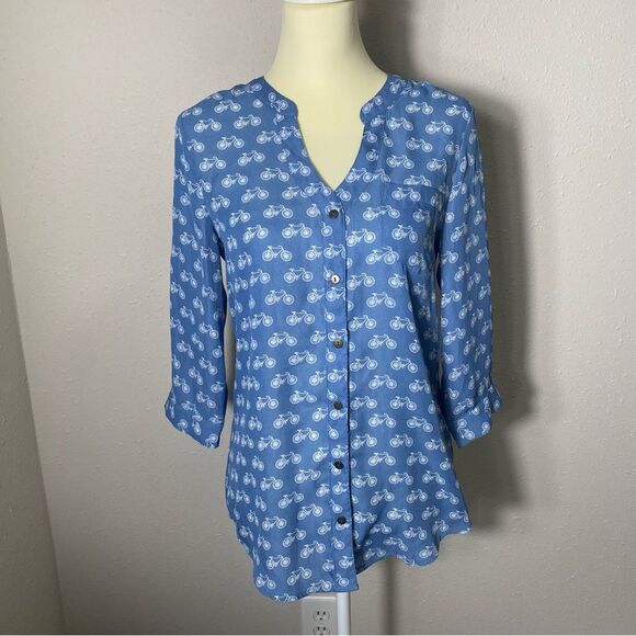 Bongo Bicycle Novelty Button Up Chiffon Blouse Blue & White Women's Size Medium - Picture 14 of 15